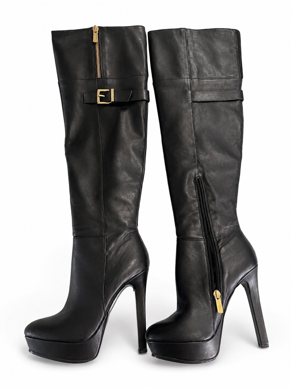 BCBGeneration Black Leather Over-the-Knee High Heel Boots with Gold Hardware